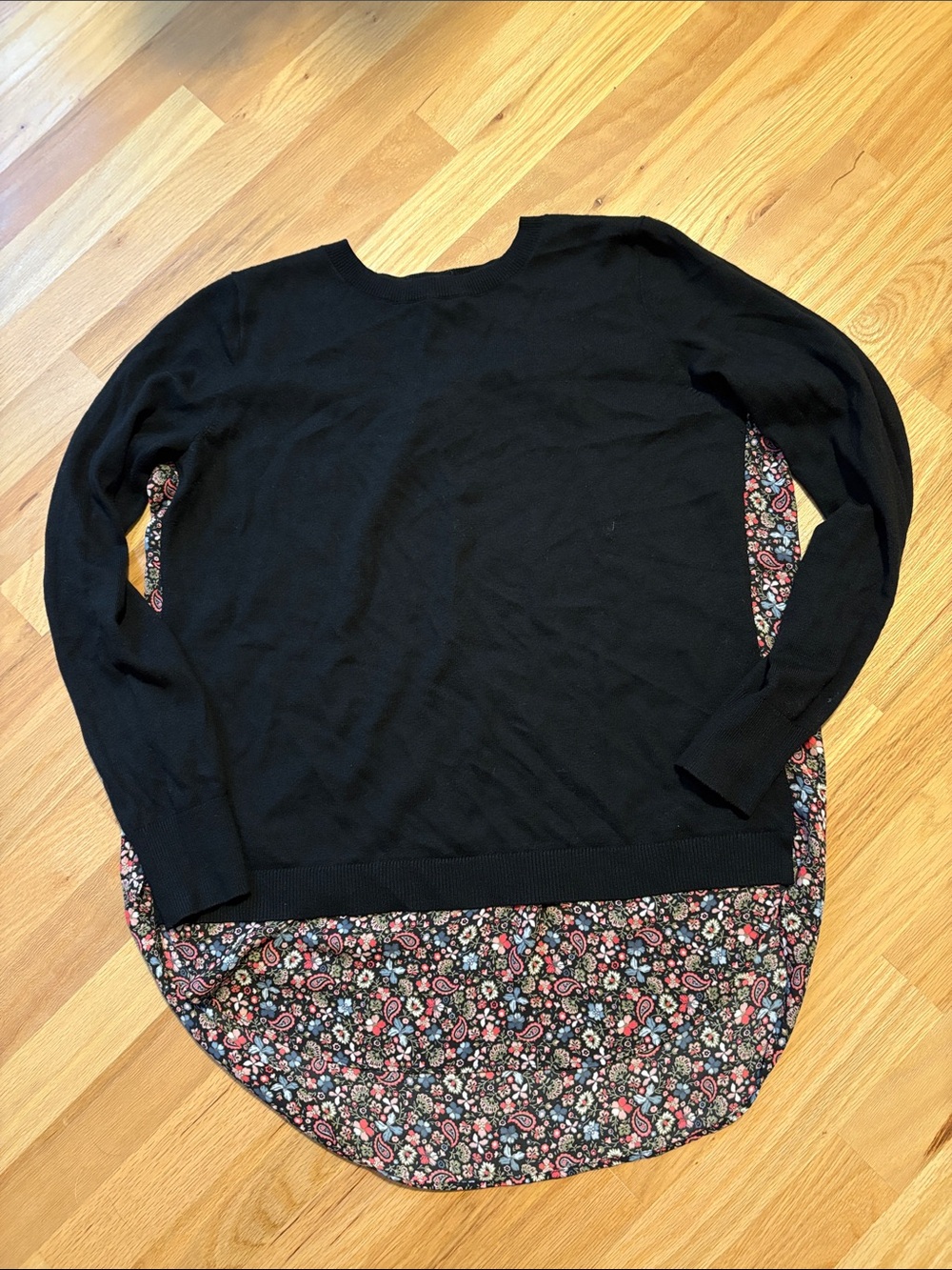 LOFT Black Crewneck Sweater with Floral Hem